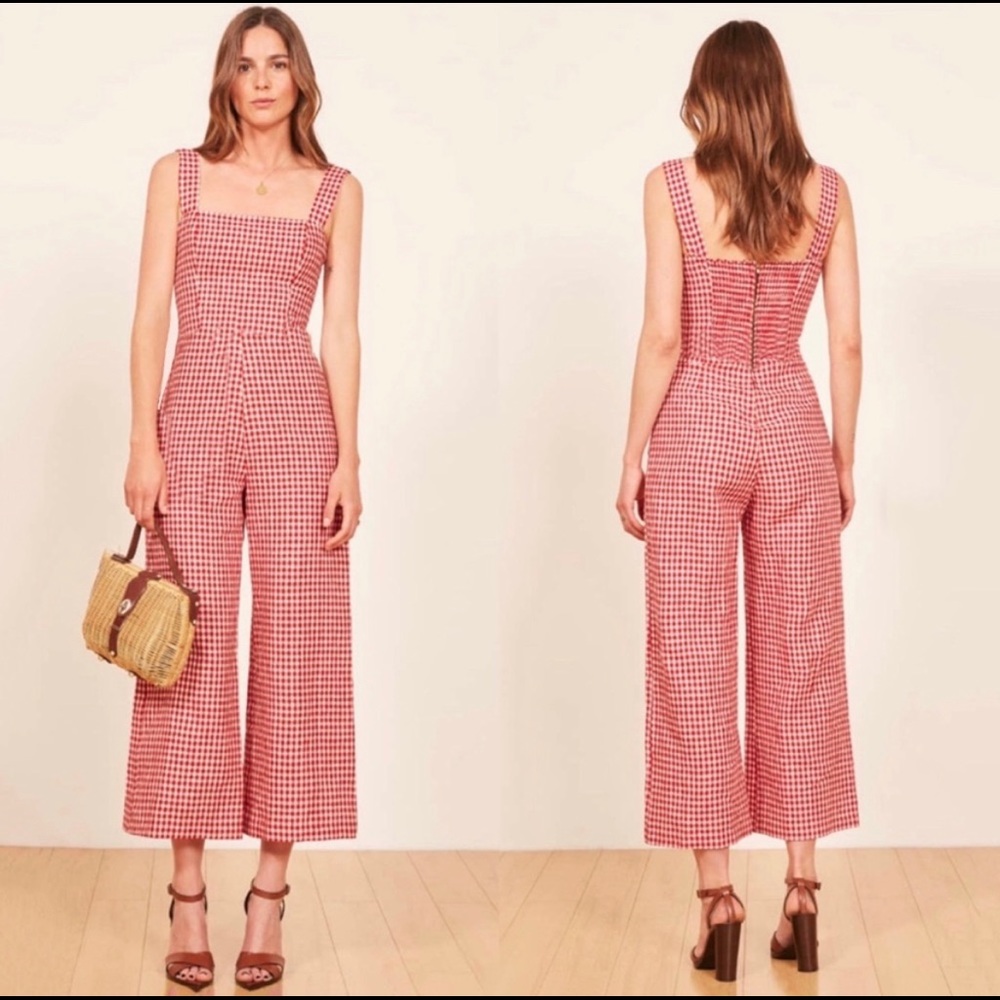 Reformation Birch Jumpsuit in Red Gingham Linen